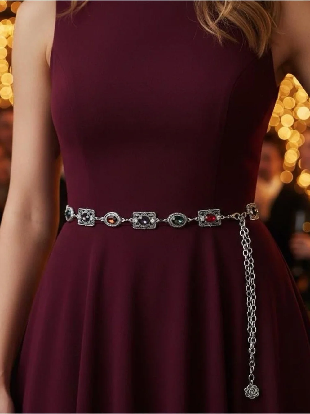 Silver Multigemstone Chain Waist Belt - Women's Decorative Belt